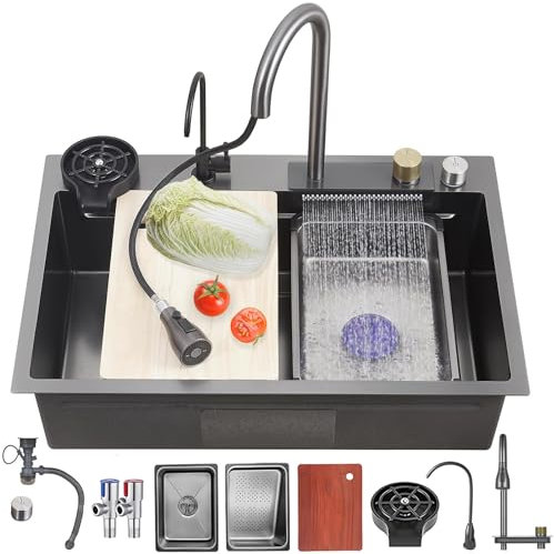 GODFSAHG 85 x 45 cm Multifunktionale Küchenspüle aus Edelstahl – Einzelbecken mit Wasserfall-Nanobeschichtung und ausziehbarem 3-in-1-Wasserhahn, tiefes Becken mit Schneidebrett, Tassenspül