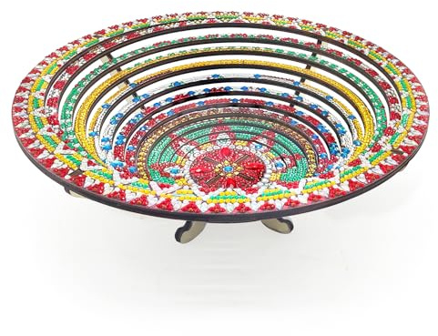 Lebartm Bandeja de almacenamiento de aperitivos de madera con diamantes, pintura artística, mandala, plato retráctil con soporte, redondo, hecho a mano, para verduras, pan, aperitivos, cocina, hogar,