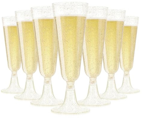 KOOSREEL Plastic Champagne Flutes, 50 Pack 5Oz/150ml Gold Glitter Plastic Champagne Glasses Cocktail Glasses Prosecco Glasses for Party,Birthday,Wedding,Chrismas,Thanksgiving