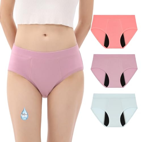 INNERSY Period Pants Teenager Heavy Flow Overnight Menstrual Underwear Cotton Girls Knickers 3 Pack (16-18 Years, Pink/Blue/Purple)
