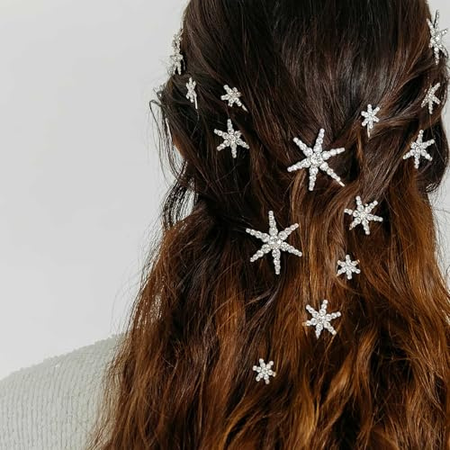 TseenYi Horquillas para el pelo con forma de copo de nieve y diamantes de imitación, horquillas para el pelo con forma de estrella, horquillas para el pelo con forma de estrella plateada, 5 unidades