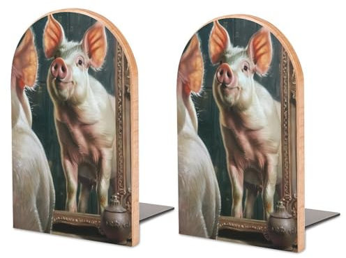 Niedliches Schweinchen-Haustier, 2 Stück, Buchstützen aus Holz, Buchstützen für Regale, rutschfeste Buchstützen für Büro, Zuhause, Küche, Buchstützen zum Halten von Büchern, 17 x 12 cm