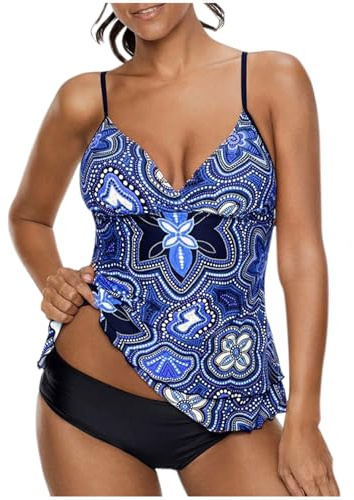 Plus Size Swimming Costume with Shorts,Two Piece Tankini Sets Ladies Swimsuits Tummy Control Swimwear Vintage Floral Print Swim Tank Tops High Waist Briefs Beach Bathing Suit Women UK Sale Blue