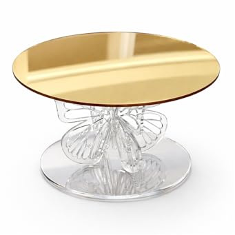 Alzatina Decorativa Rotonda con Farfalle in Plexiglass Oro, Base a Specchio, per Catering Dolci | Alzate per Wedding, Comunione, Negozi, Esposizione, tema Farfalla. (Piccola Ø18 x h8 cm)