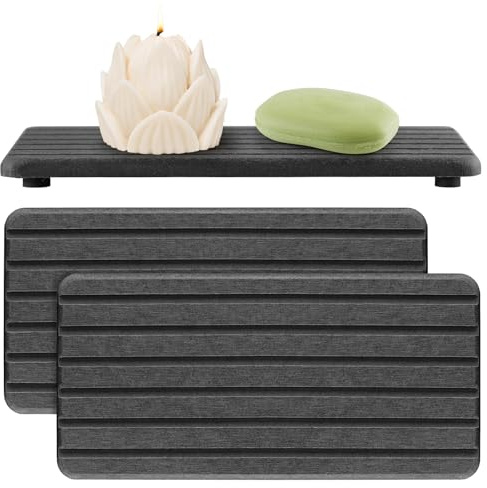 2 Pack Vanity Trays, Water Absorbent Stone Drying Tray, Mat for Sink and Kitchen Counter Organiser, Quick Drying Dish Sponge Holder, Vanity Caddy (Dark Grey)
