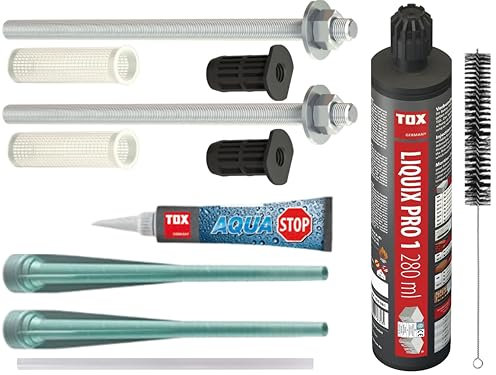 TOX Thermo Proof 12x400mm Markisenbefestigung Edelstahl A4 Set, Wärmebrückenfreie Schwerlast-Montage, WDVS Abstandsmontage mit Liquix Pro 1 und Reinigungsbürste und Dichtmittel (2x 12x400mm SET)
