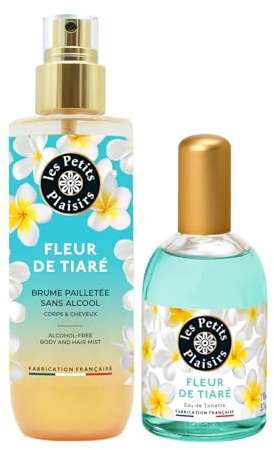 Les Petits Plaisirs - Lot Brume parfumée Fleur de tiaré pailletée + Eau de toilette Fleur de tiaré. Made in France, Brume 200ml, Eau de toilette 110ml