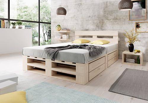 Lermowood Palettenbett M2 aus Holz 160 x 200 cm Natur mit Kopfteil und 2 Bettkästen Holzbett 30cm Stabiles Seniorenbett Kinderbett Jugendbett Gästebett erhöhtes Bettgestell Futon Komforthöhe Naturholz