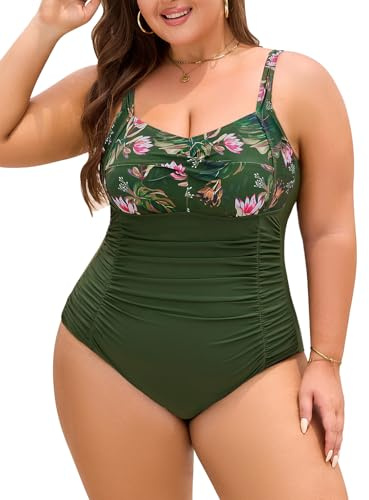 Nadeer Maillot de Bain Femme 1 Pieces Grande Taille Maillots Une Pièce Gainant Ventre Plat Col en V Sexy Push Up Swimsuit Swimwear Monokini L-4XL(Vert,XL)