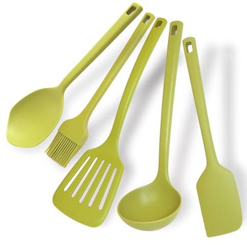 Fackelmann Set di utensili da cucina 5 pezzi, mestoli in silicone, utensili lavabili in lavastoviglie, mestoli da cucina resistenti al calore fino a 230 °C, Linea Oliva
