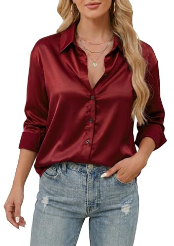 Stamain Camisas Mujer Blusa de Satén Seda Manga Larga Camisa Informal con Botones Elegante Blusa con Cuello en V para Oficina Ejecutiva y Negocios Rojo XL