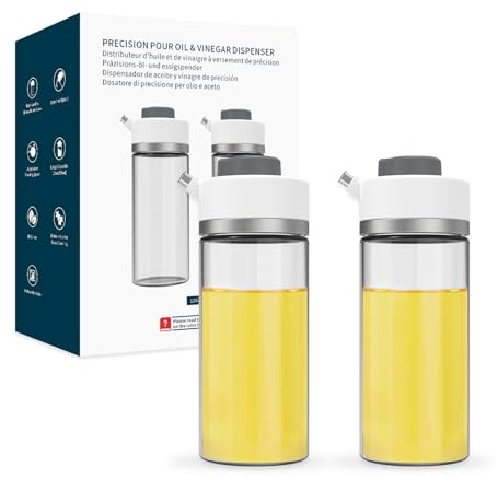 KITCHENDAO Präzisions-Ölspender aus Glas, 2-teiliges Set mit 3 Modi, tropffreiem Auslauf, zwei einstellbaren Durchflussgeschwindigkeiten, 12 oz Öl- und Essigspenderflasche, 2er-Set für die Küche