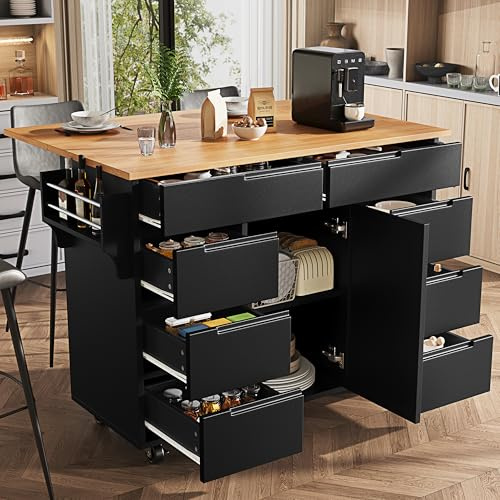 ZYLOYAL10 Moderne Kücheninsel, Küchenschrank, Ausziehbarer Küchenwagen mit Rollen und Arbeitsplatte, Servierwagen mit Gewürzregal und 8 Schubladen (Schwarz)