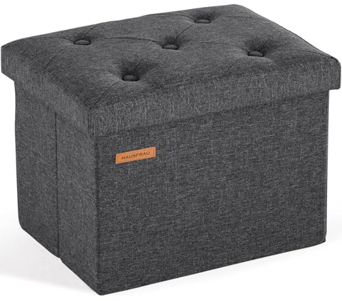 HAUSFRAU Sitzhocker mit Stauraum kleine Sitzbank Hocker klappbar Dunkelgrau | Polsterhocker Aufbewahrungsbox Fußbank für Wohnzimmer Schlafzimmer Flur, bis 130 kg belastbar, 42x31x31cm, Leinen