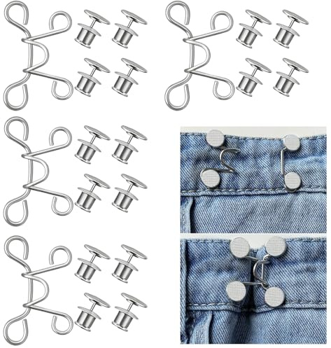 Motrijuka Adjustable Waist Buckle Extender with Reusable Jean Buttons for Loose Pants - Silver (4 Sets Included)