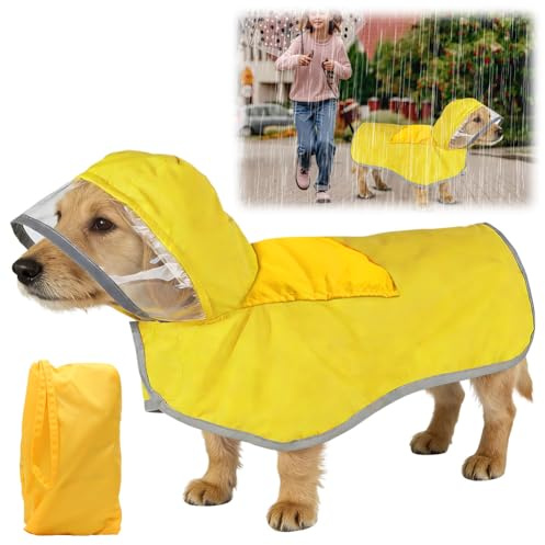 Yuragim Hunderegenmantel, Regenmantel Hund wasserdicht für kleine & große Hunde, Gelber Hunderegenmantel Kapuze und weichem Futter, Verstellbare Hunderegenjacke mit reflektierenden Streifen, S
