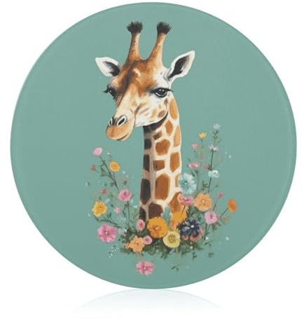 Giraffe with Flowers Butcher Block 7.9 Inch Portable Round Cutting Board Easy to Clean Chopping Board Fashion Tempered Glass Cutting Boards for Kitchen Countertop Decor