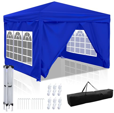 Peviasot Pavillon 3x3m Wasserdicht, Höhenverstellbar Faltpavillon mit 4 Seitenteilen, 420D Oxford, Stabil Winterfest UV Schutz, Partyzelt Gartenzelt für Outdoor Garten Camping, Blau