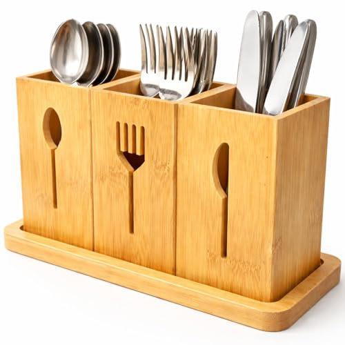 Topvaleur Bamboo Utensil Holder for Knife Fork & Spoon, Countertop Kitchen Utensils Stand Crock, Natural Wood Cutlery Holder for Cooking Tools and Silverware Organizer