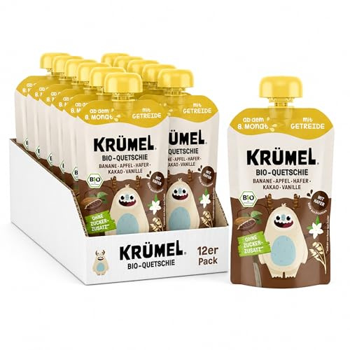 KRÜMEL Bio-Quetschie Banane-Kakao - Bio-Fruchtpüree mit Hafer & Kakao ab 8+ Monate - Ohne Zuckerzusatz - Vegan - Mit Banane, Apfel, Hafer & Vanille (12 x 100g)