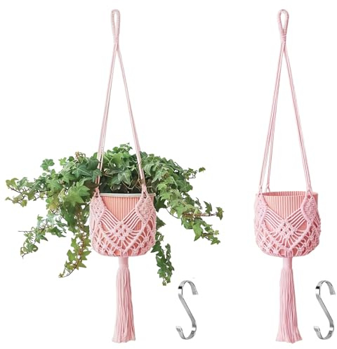 Muorruo Pack de 2 Macetas Colgantes con Patrones, Soportes de Macramé para Plantas para Interiores y Exteriores, Soportes de Macramé para Macetas de hasta 20 cm de Diámetro, Rosa Claro