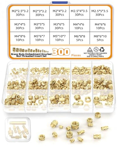 310-tlg. Gewindeeinsätze Lötkolben Set, 60W 180–500°C Drehregler, 300 Stück Messing Einschmelzmuttern M2/M2.5/M3/M4/M5/M6/M8 Lötspitzen für 3D Druck & Kunststoff (Mutter)