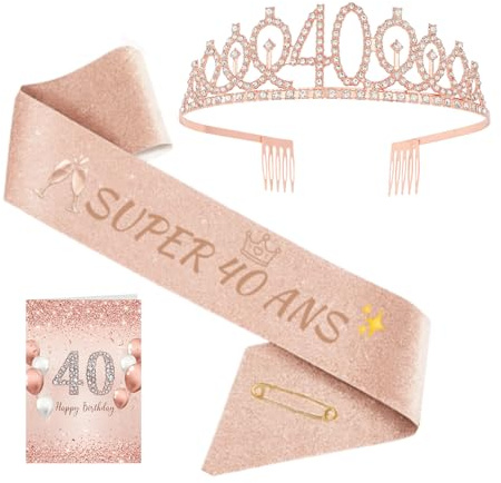 AHEZQILU Decoration Anniversaire 40 Ans, Carte Anniversaire 40 Ans, 3 Pièces Rose Gold avec Couronne Echarpe Super 40 Ans Et Carte Ans Diademe Femme - Set Fête Anniversaire Femme
