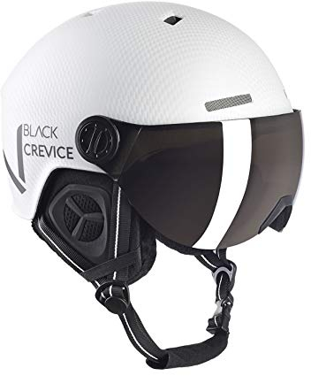 BLACK CREVICE Skihelm Sölden I Skihelm mit Visier im Pilotenstyle I Skihelm Herren & Damen I Snowboard-Helm I Atmungsaktiver Ski-Helm I Größenverstellbar weiß Carbon matt/schwarz, S/M (54-57)