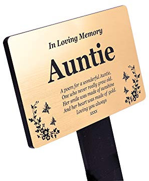 Auntie Memorial Remembrance Plaque Stake - Gold/Silver/Copper/Black & White, Waterproof, Outdoor, Grave Marker, Tribute, Plant Marker (Gold)