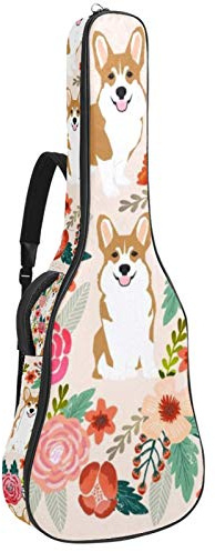 Gitarrentasche mit Reißverschluss, wasserdicht, weich, für Bassgitarre, Akustik- und klassische Folk-Gitarre, Pink Florals Corgi Hunde Muster