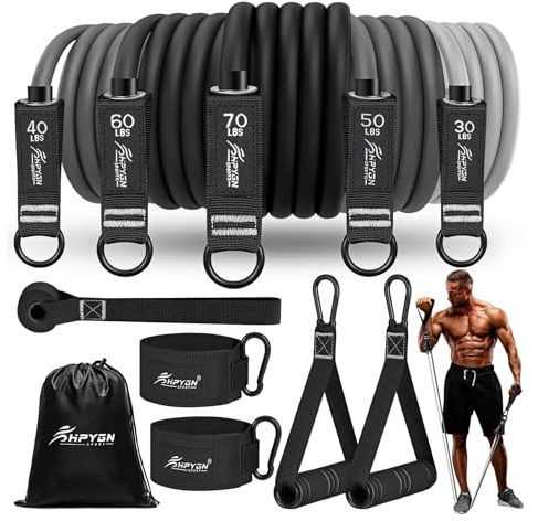HPYGN Fitnessbänder Set, 150lbs 200lbs 250lbs Resistance Bands 5 Verschiedene Stärken, Widerstandsbänder Set mit Griffen Knöchelriemen und Türanker Tragbarer Rucksack, für Indoor Home Gym und Outdoor