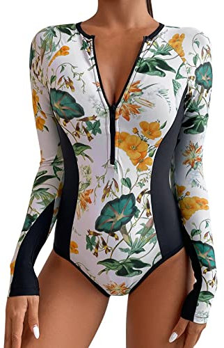 Vimoli Schwimmshirt Damen Langarm Rash Guard Bademode Obertei Set Surf Shirt Badeanzug UV Schutz Kleidung UPF 50+ Block Print Tankini Sets (51#White,L)