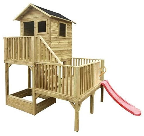 4IQ Spielhaus Kinder Outdoor mit Rutsche - Holz Stelzenhaus Garten Modularer Aufbau für Draußen - Gartenhaus Kinder Aus Imprägniertem Kiefernholz