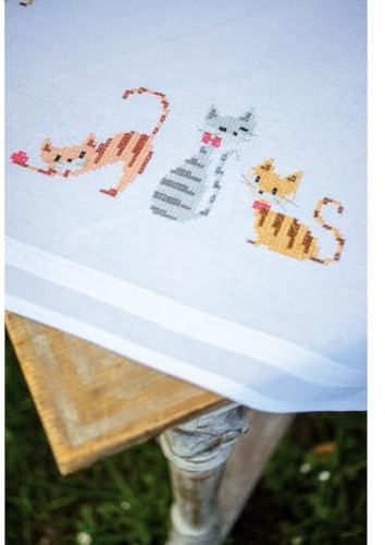 Vervaco Kreuzstich Stickpackungen Tischdecke Katzen mit Streifen Stickdecken Vorgezeichnet Basteln Erwachsene Kreativ Set Vorgedruckte Decke Sticken 80 x 80 cm Stickset DIY Sticken Set