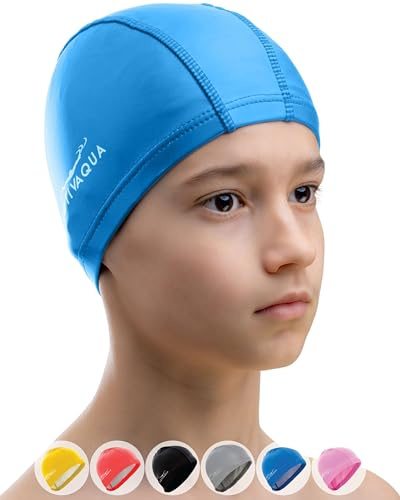 AqtivAqua Kids Swimming Cap for Toddlers & Preschoolers (1-5 Years) Swimming Hat Kids Swim Cap for Little Boys and Girls (Blue Color, Toddler Size)