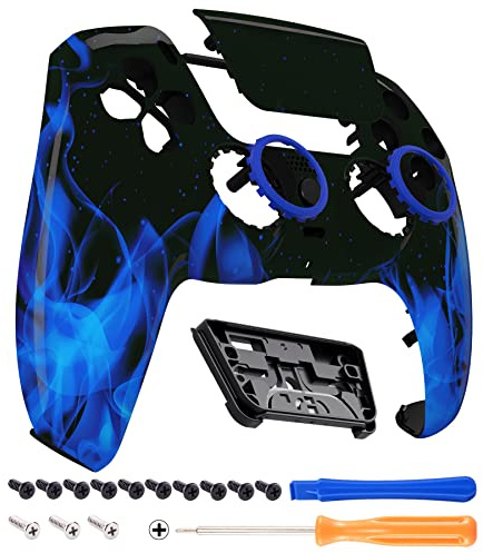 eXtremeRate Luna Re-Design Front Hülle für ps5 Controller BDM-010/020/030/040/050, Ersatzgehäuse&Touchpad&Accent-Ring, Custom integrierend Case Cover Zubehör für ps5 Controller-Blaue Flamme