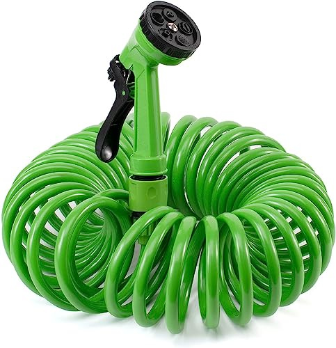 Manguera Espiral con Pistola de Riego para Jardín, Manguera Extensible hasta 10 Metros, Pistola con 7 Modos, Color Verde, Adaptadores de 20 mm y 25 mm (1/2'' y 3/4''), MAN022