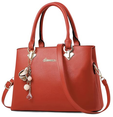Damen Handtasche DEEVORCA– Elegante PU Leder Schultertasche mit Anhänger, Mehreren Fächern & Viel Stauraum – Perfekt für Arbeit, Universität, Freizeit, Reisen & Geschenk (Klassisches Rot,L)