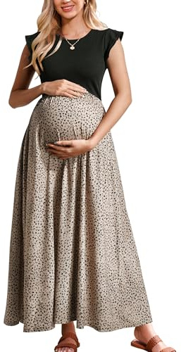 OUGES Maternity Dress for Baby Shower Photoshoot Casual Sleeveless Patchwork Summer Maxi Dresses with Pockets(Floral A,S)
