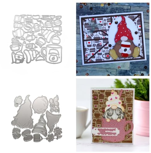 Sredwtk 2set Kaffee Wichtel Gnome Stanzschablonen Weihnachten Wichtel Metall Prägeschablonen Stanzformen Schneiden für DIY Karte Sammelalbum Scrapbooking Fotoalbum Deko Cutting Dies