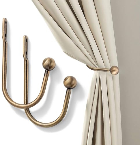 Curtain Holdback, Premium Metal Decorative Curtain Holdbacks with Zinc Alloy Cap Finials,Rust-Proof, Set of 2 Window Curtain Holdbacks (Brass)