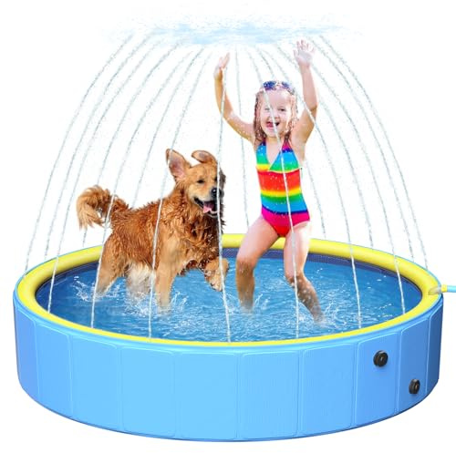 artcool 63 Thicken Large Dog Pool,Non-Slip Kiddie/Kids Pool Hard Plastic,2-in-1 Foldable Sprinkler Pet Pools,Portable Swimming Pools for Summer Outdoor Backyard