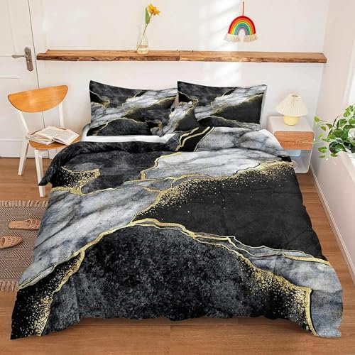 KQZVCU Marmor-Bettbezug, Schlafzimmer-Dekoration, Bettwäsche, Schwarz, Weiß, Gold, abstrakte Marmorstruktur, Bettbezug, Doppelbett, Queen-Size-Bett, Größe 155 x 220 cm / 40 x 80 cm x 2