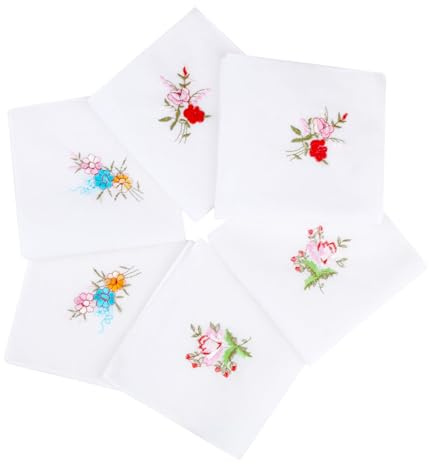 6 Pieces Women's Handkerchiefs, 100% Cotton 28X28cm Vintage Floral Embroidery Lace Edge Hankies Soft Breathable Ladies Hand Kerchiefs for Wedding Party and Daily Use for Mother's Day Valentine's Day