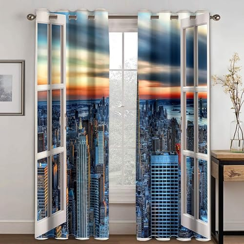 MTBDDyyds Vorhänge Für Kinderzimmer Jungen - 3D Sonnenuntergang Stadt Landschaft 160X132Cm - Kinderzimmervorhänge Mit Ösen, Verdunkelungsvorhang Gardinen Schals Vorhang Blickdicht