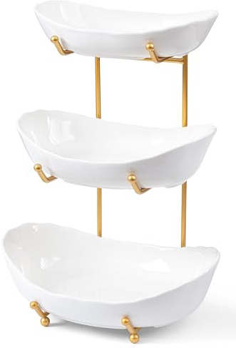 HBlife Frutero para encimera de cocina, cuencos de cerámica de 3 niveles con soporte de metal dorado
