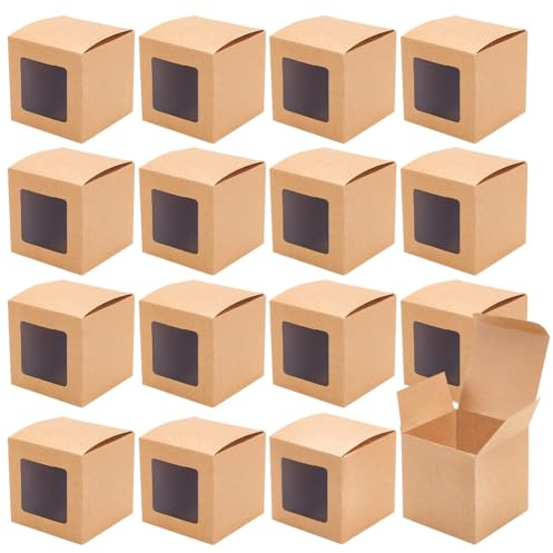 BENECREAT 20-pack kraftpapperslådor med klart fönster, 8 x 8 x 8 cm/3,1 x 3,1 x 3,1 tum BurlyWood presentförpackningslådor för bageri, kakor, godis, bröllop, festgåvor