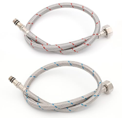 2 Pièces Tuyaux de Raccordement, Flexible Robinet Cuisine, G1/2 X M10 X 60cm Longue Flexible Robinet Connecteurs, pour Cuisine Salle de Bain(Rouge et Bleu)