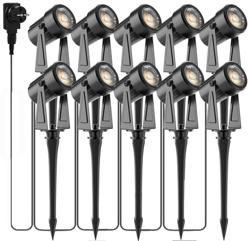 Totofac Foco Proyector Exterior, 32m 10-in-1 3000LM 2W Focos Jardín 27V COB IP65 Impermeable Blanco Cálido con clavo de tierra para el patio del jardín Caminos Césped, Patios, Entrada de Vehículos