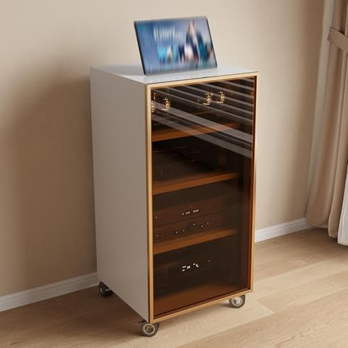 LYXWGRZD Audio Rack HiFi Regal, Phonoschrank mit gehärtetem Glas, Audio-Rack mit Universalrad, Record Player Stand for Wohnzimmer, Büro/DJ/Theater(Gold,100cm/39.3in)